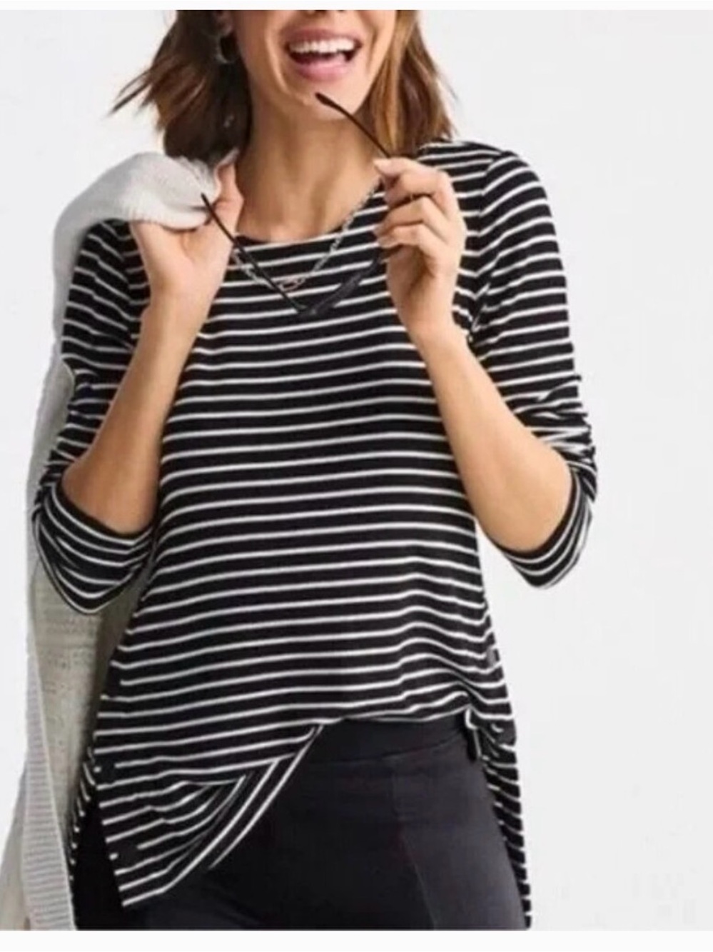 Cabi Black & White Striped Long Sleeve Top